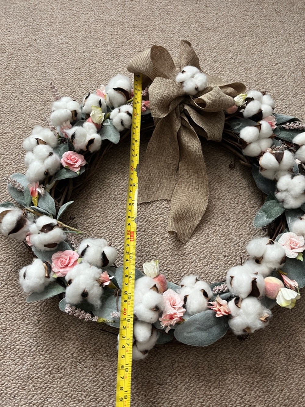 Cotton & Rose Spring Wreath with Burlap Bow - Picture 2 of 4